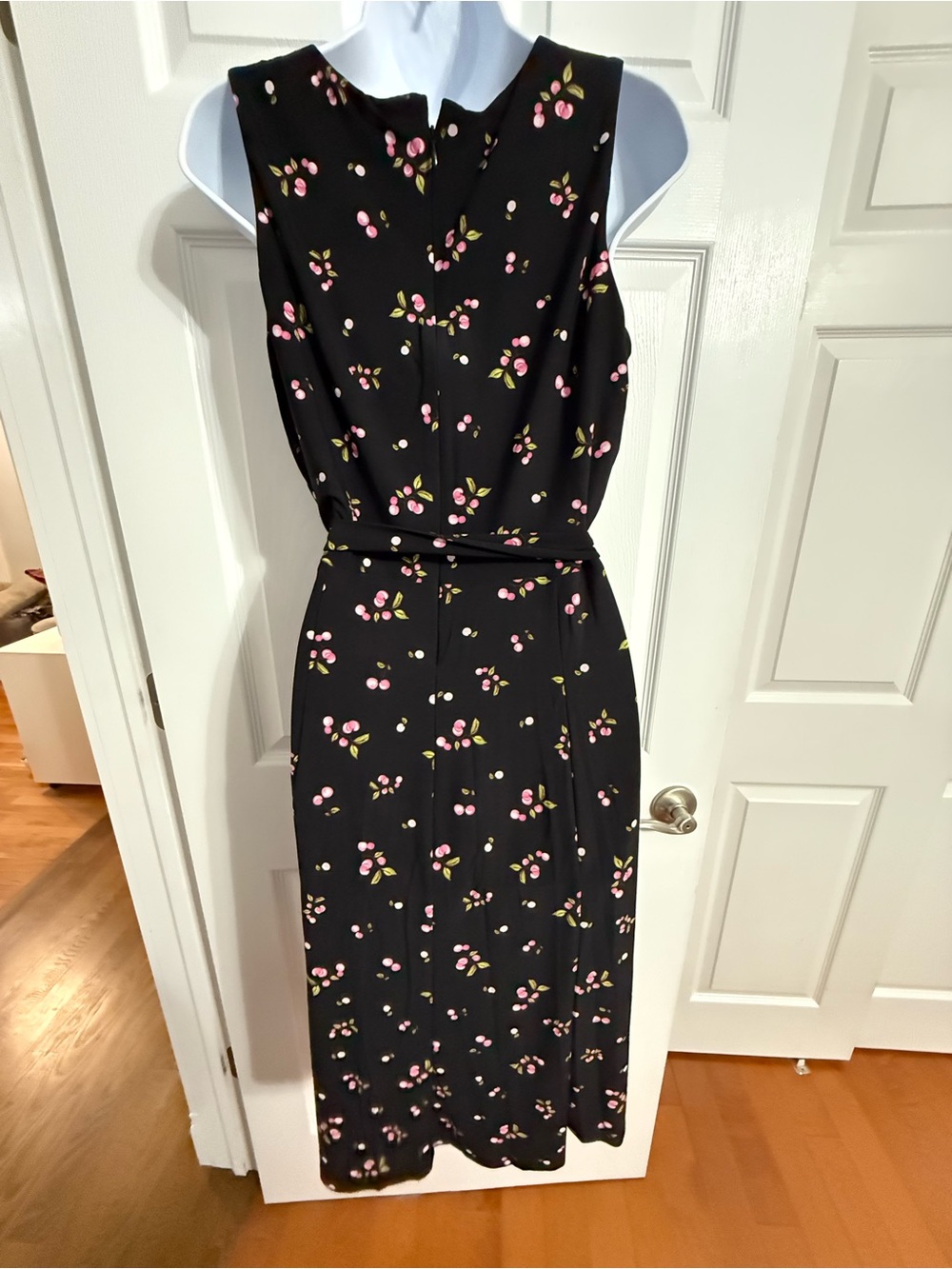 Anne Klein Black Midi Dress with Pink Floral Print and Tie Waist - Picture 4 of 5